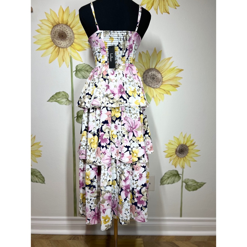 Lulus Floral Tiered Midi Dress Navy Pink Yellow Sweetheart Bustier XS New - Picture 4 of 9